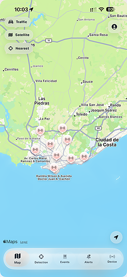 Captura del mapa de Moto Alert MN con eventos verificados cerca de la ruta