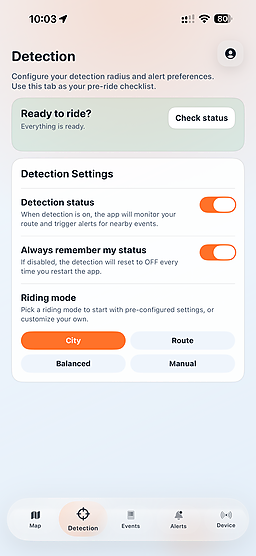 Captura de configuración de detección de Moto Alert MN