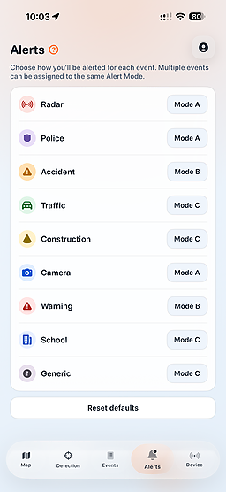 Captura de modos de alerta de Moto Alert MN