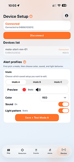 Captura de configuración del dispositivo Moto Alert MN