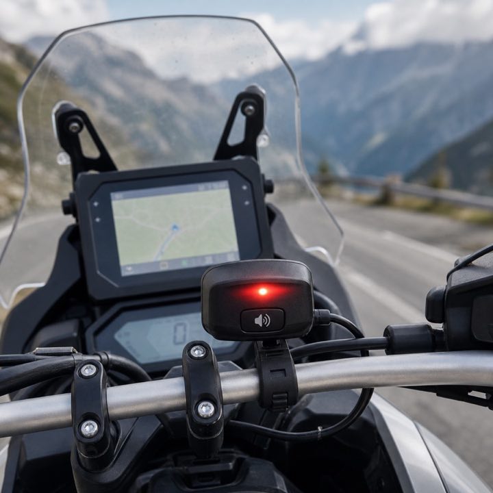 Dispositivo Moto Alert MN montado en el manubrio de una moto con la luz de alerta encendida