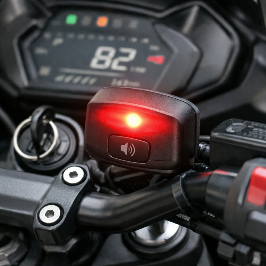 Dispositivo Moto Alert MN montado en una moto con la luz de alerta encendida
