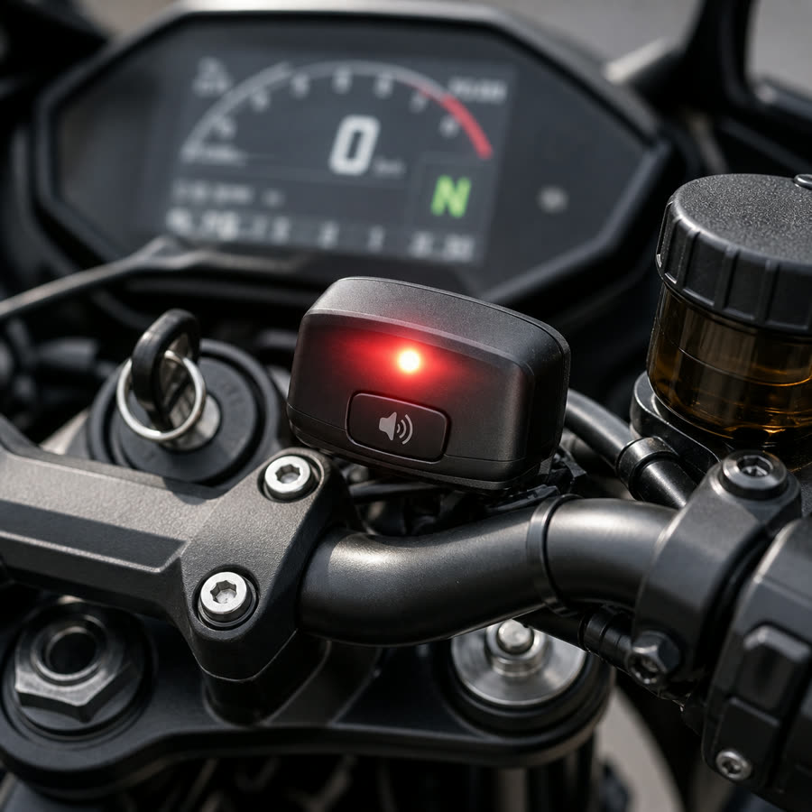 Dispositivo Moto Alert MN visto de cerca en el manubrio
