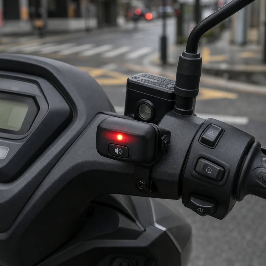 Dispositivo Moto Alert MN montado junto al tablero de una moto